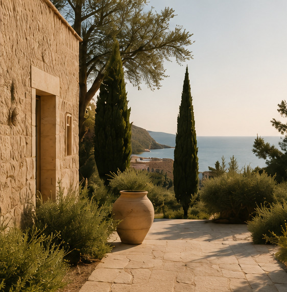 Stone luxury villa with cypress trees and sea view in the Balearic Islands