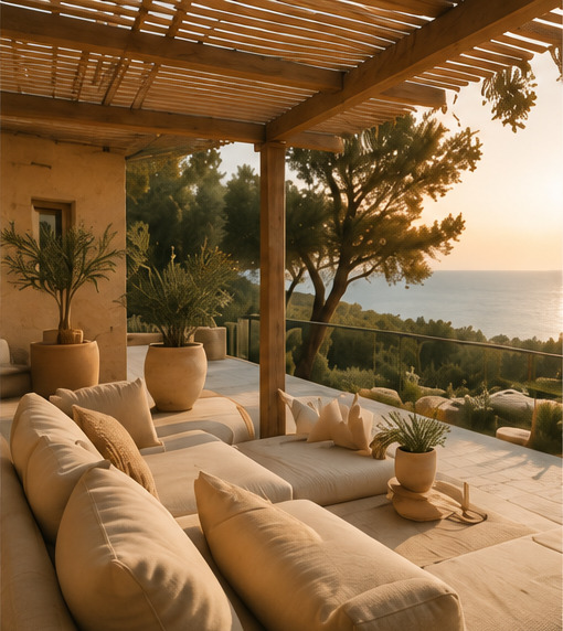 Sun-drenched villa terrace lounge overlooking the Mediterranean sea