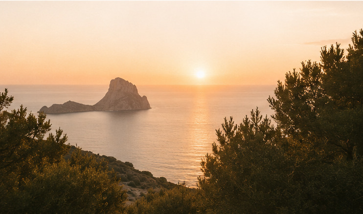 Golden sunset over the sea and island silhouette